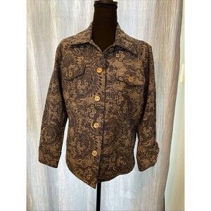 VTG J Bee Womans Jacket L Oversized Blue Button Up Floral Cottagecore Tapestry